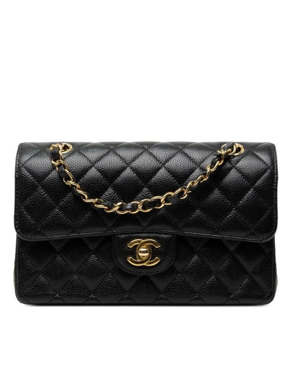 Chanel Quilted 23 CC Logo Double Flap Chain Shoulder Bag Black Gold Caviar